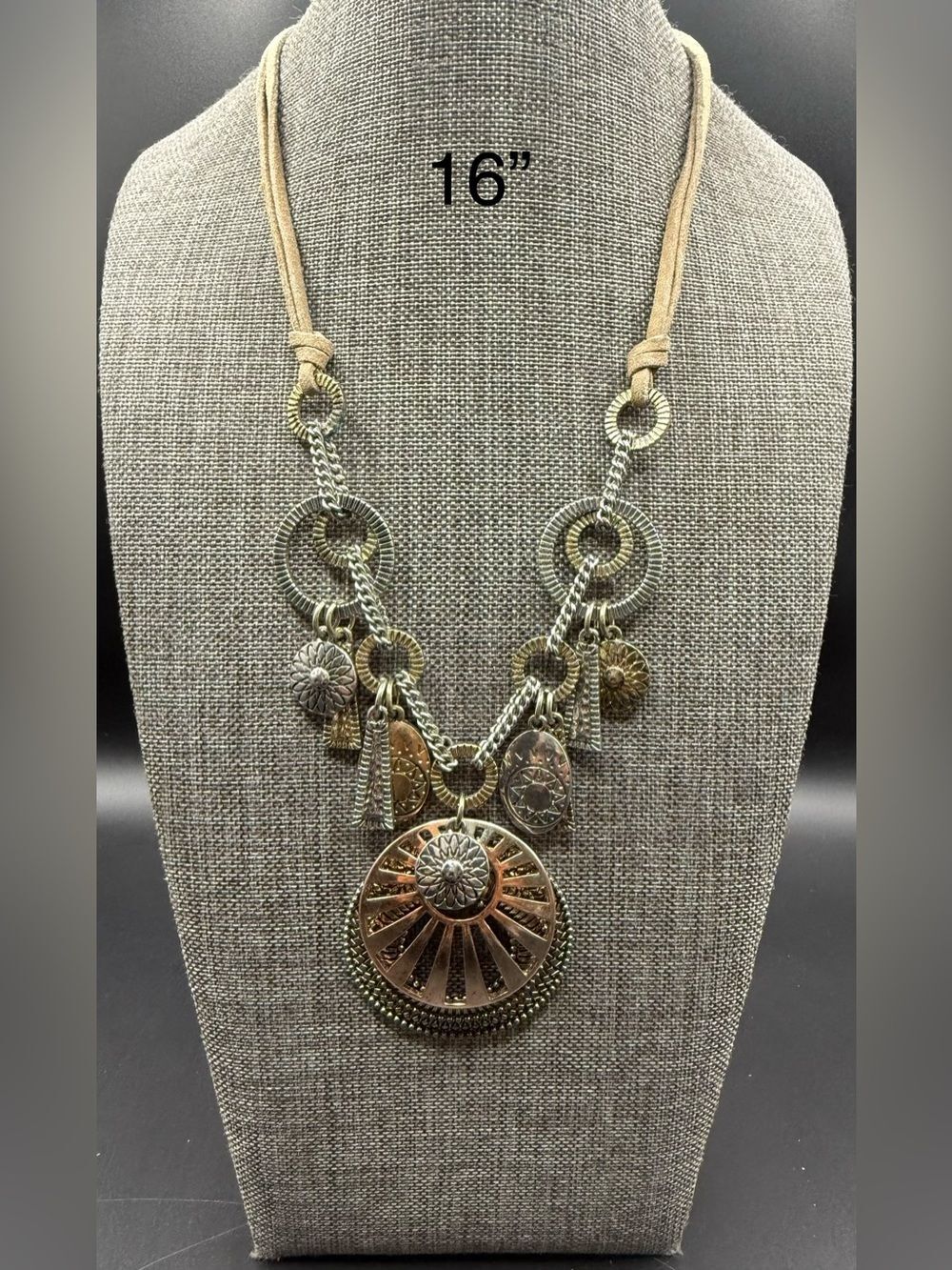 185. Boho Chic Mixed Metal Celestial Sun Pendant & Ring Charm Suede Collar Neckl